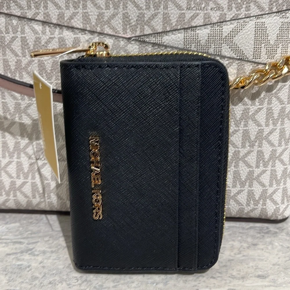 Michael Kors Jet Set Travel Md Saffiano Leather Zip Around Wallet Card Case Coin